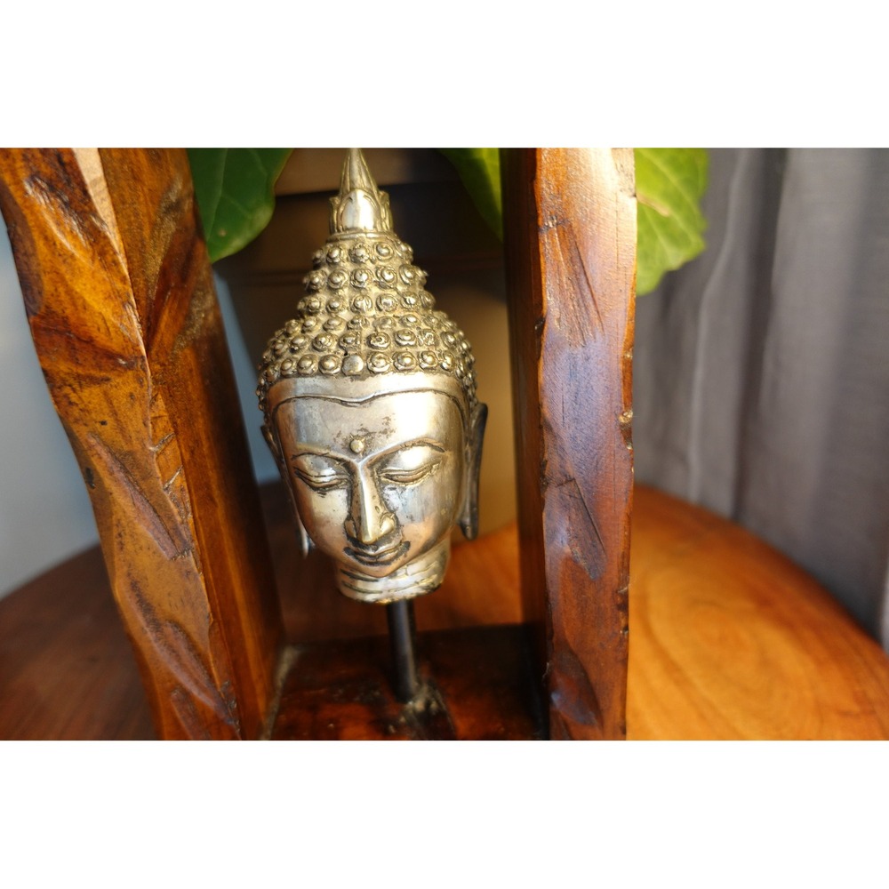 Buddha Head Statue in Wood Frame Asian Decor Sculpture Art - Picture 2 of 8